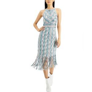 INC International Concepts fringe trim midi dress space dye black aqua white